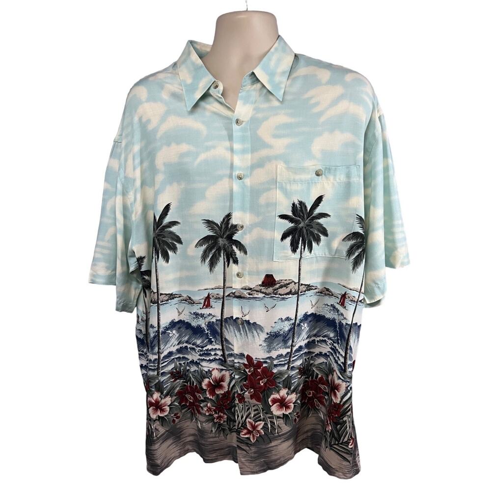 Half Moon Bay Mens Vintage Blue Floral Hawaiian Camp Button Up Shirt XL Pocket